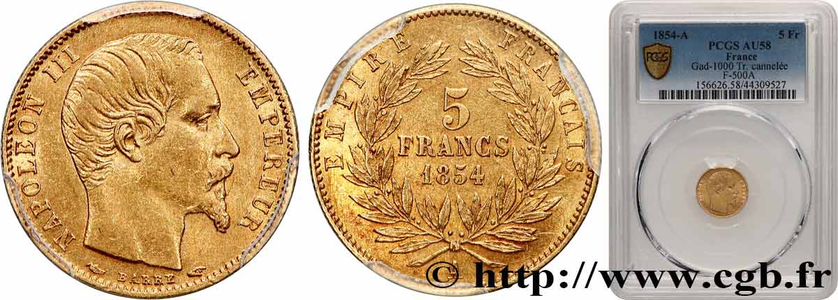 5 francs or Napoléon III, tête nue, petit module, tranche cannelée 1854 Paris F.500A/1 SPL58 PCGS