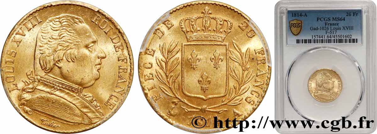 20 francs or Louis XVIII, buste habillé 1814 Paris F.517/2 SC64 PCGS