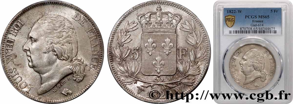 5 francs Louis XVIII, tête nue 1822 Lille F.309/75 FDC65 PCGS