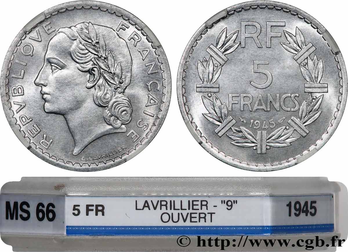 5 francs Lavrillier, aluminium, 9 ouvert 1945  F.339/3 ST66 GENI