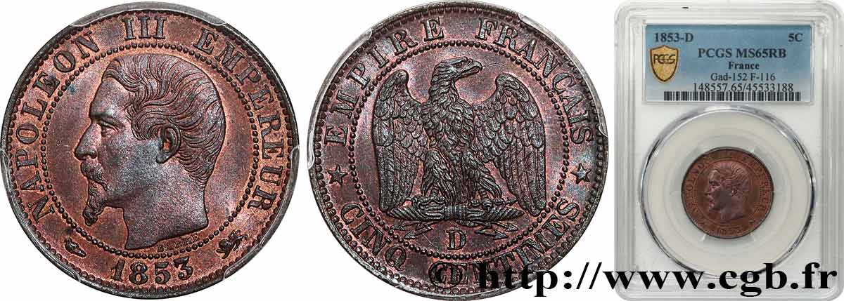 Cinq centimes Napoléon III, tête nue 1853 Lyon F.116/4 MS65 PCGS