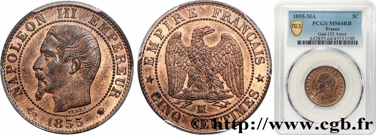 Cinq centimes Napoléon III, tête nue 1855 Marseille F.116/27 SPL64 PCGS