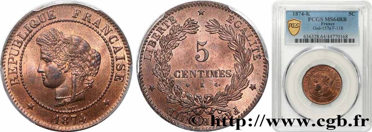 5 centimes Cérès 1874 Bordeaux F.118/10 SPL64 PCGS