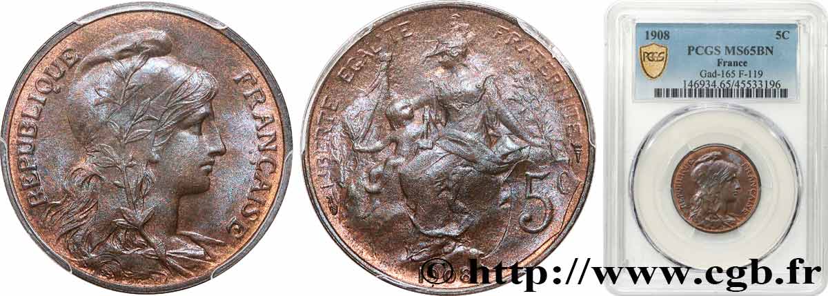 5 centimes Daniel-Dupuis 1908  F.119/19 ST65 PCGS