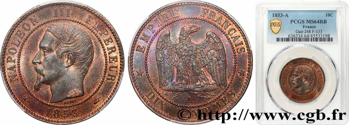 Dix centimes Napoléon III, tête nue 1853 Paris F.133/2 MS64 PCGS