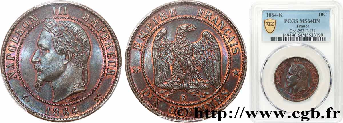 Dix centimes Napoléon III, tête laurée 1864 Bordeaux F.134/15 SPL64 PCGS