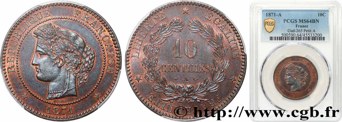 10 centimes Cérès 1871 Paris F.135/6 fST64 PCGS