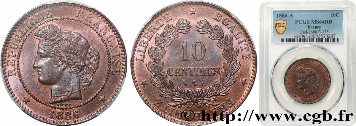 10 centimes Cérès 1886 Paris F.135/30 SPL64 PCGS