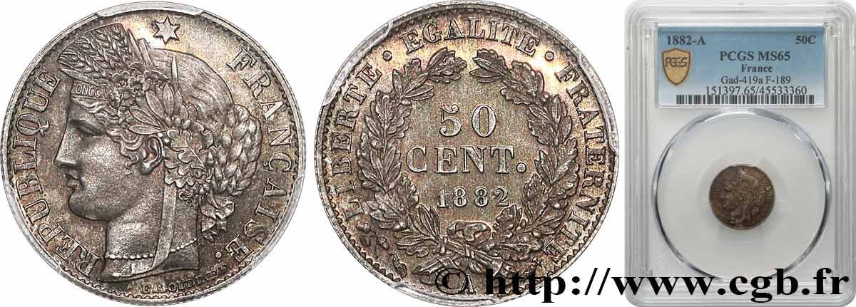 50 centimes Cérès, IIIe République 1882 Paris F.189/10 FDC65 PCGS