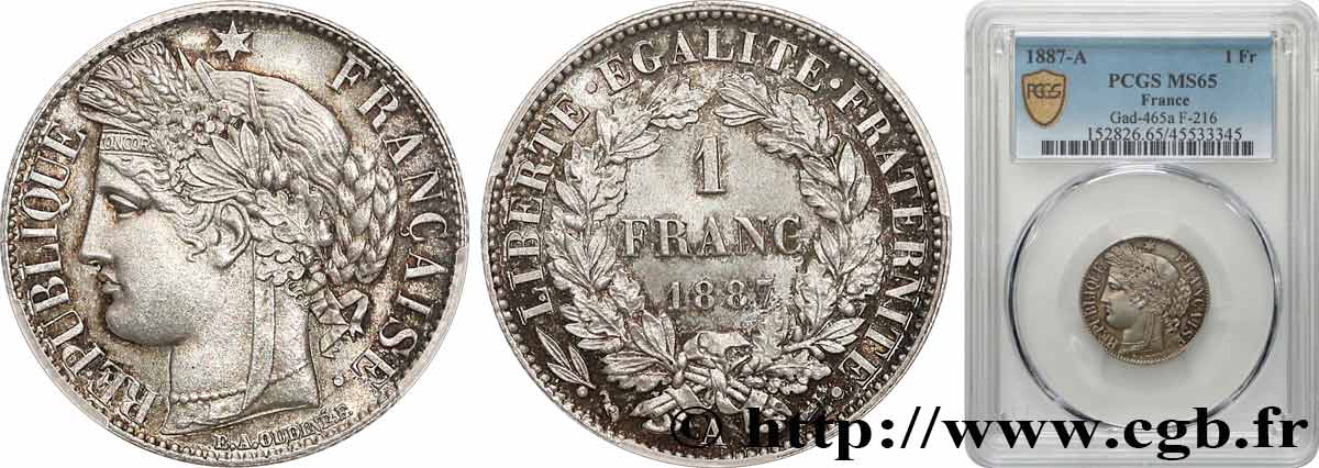 1 franc Cérès, IIIe République 1887 Paris F.216/9 FDC65 PCGS
