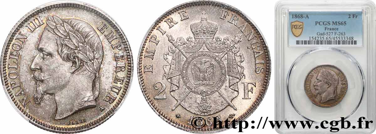 2 francs Napoléon III, tête laurée 1868 Paris F.263/8 MS65 PCGS