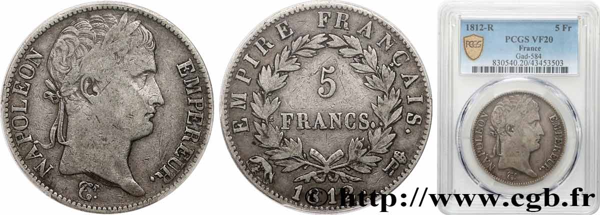 5 francs Napoléon Empereur, Empire français 1812 Rome F.307/52 MB20 PCGS