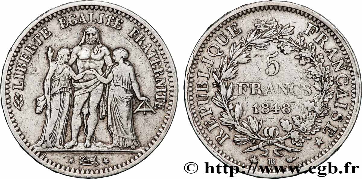 5 francs Hercule, IIe République 1848 Strasbourg F.326/2 TB+ 