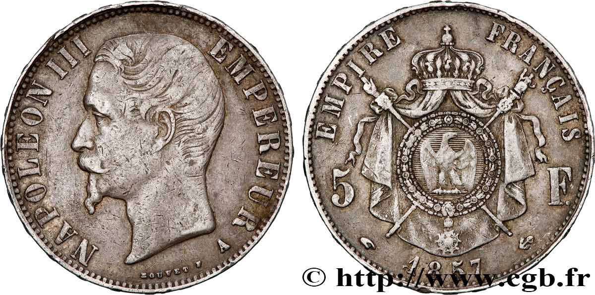 5 francs Napoléon III, tête nue 1857 Paris F.330/10 XF 