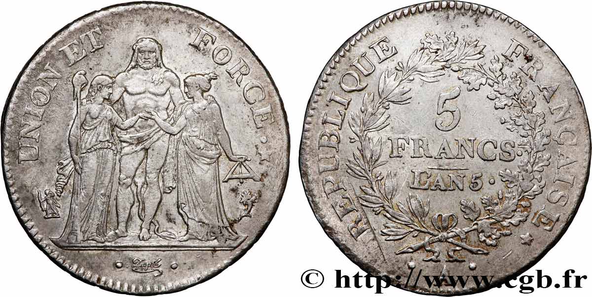 5 francs Union et Force, Union serré, avec glands intérieurs et gland extérieur 1797 Paris F.288/4 fVZ 