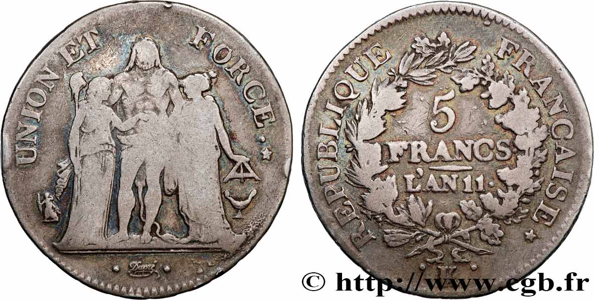 5 francs Union et Force, Union serré, seulement glands intérieurs 1803 Bordeaux F.288/193 TB 