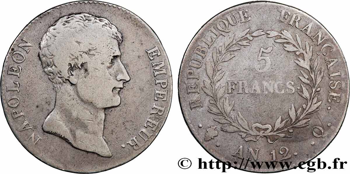 5 francs Napoléon Empereur, type intermédiaire, revers de l’An XI 1804 Perpignan F.302/11 TB 