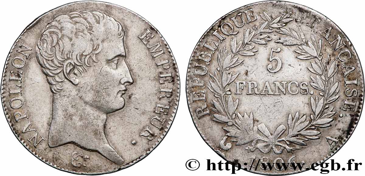 5 francs Napoléon Empereur, Calendrier grégorien 1806 Paris F.304/1 q.BB 
