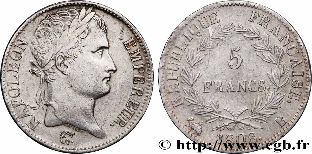 5 francs Napoléon empereur, République française 1808 Rouen F.306/3 AU 