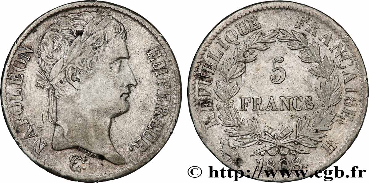 5 francs Napoléon empereur, République française 1808 Rouen F.306/3 TTB 