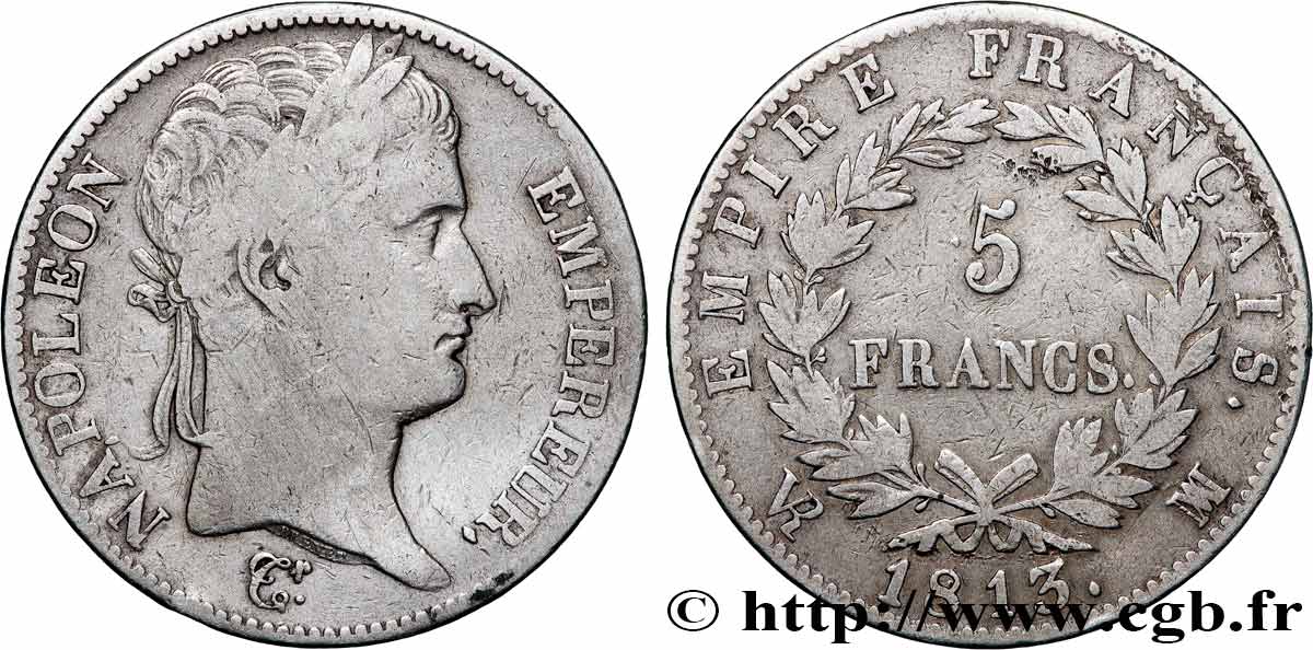 5 francs Napoléon Empereur, Empire français 1813 Marseille F.307/69 B+/TB 