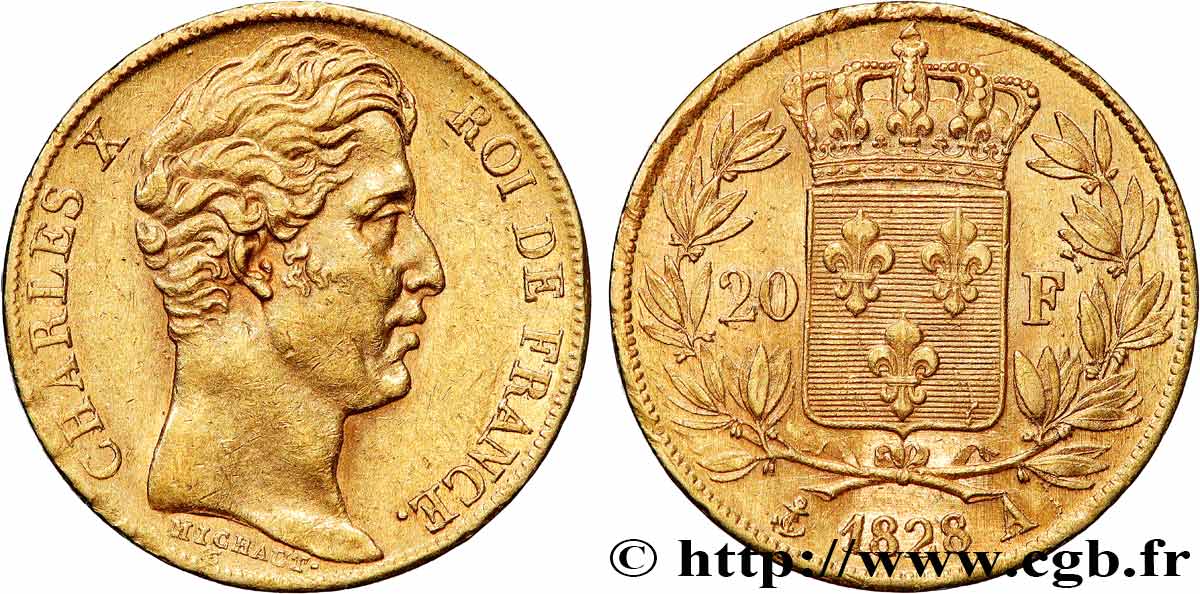 20 francs or Charles X, matrice du revers à quatre feuilles et demie 1828 Paris F.520/8 MBC53 