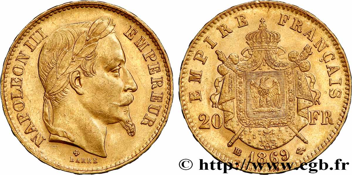 20 francs or Napoléon III, tête laurée, petit BB 1869 Strasbourg F.532/21 AU58 