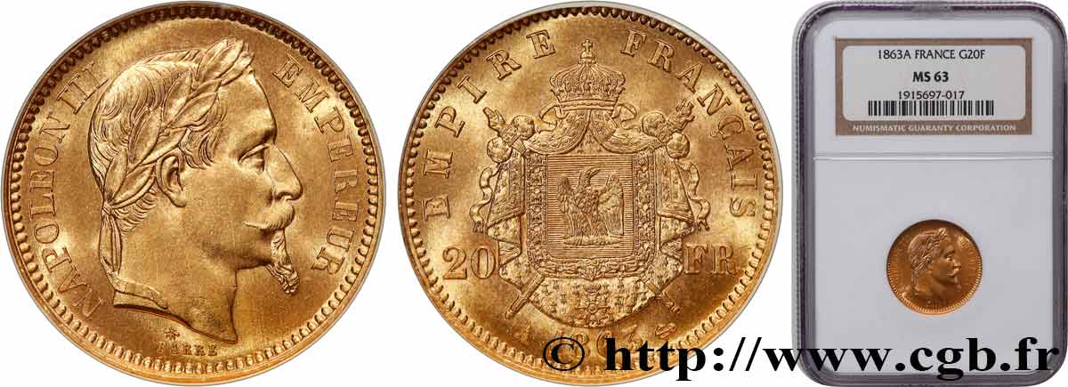 20 francs or Napoléon III, tête laurée 1863 Paris F.532/6 MS63 NGC