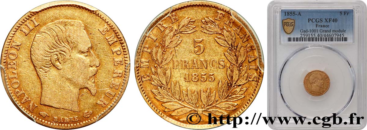 5 francs or Napoléon III, tête nue, grand module 1855 Paris F.501/1 SS40 PCGS