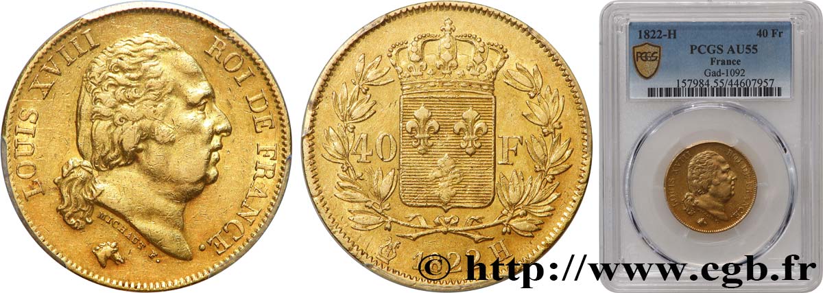 40 francs or Louis XVIII 1822 La Rochelle F.542/12 SUP55 PCGS
