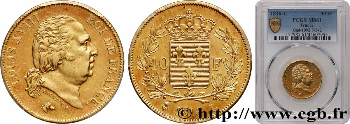 40 francs or Louis XVIII 1816 Bayonne F.542/3 SUP61 PCGS