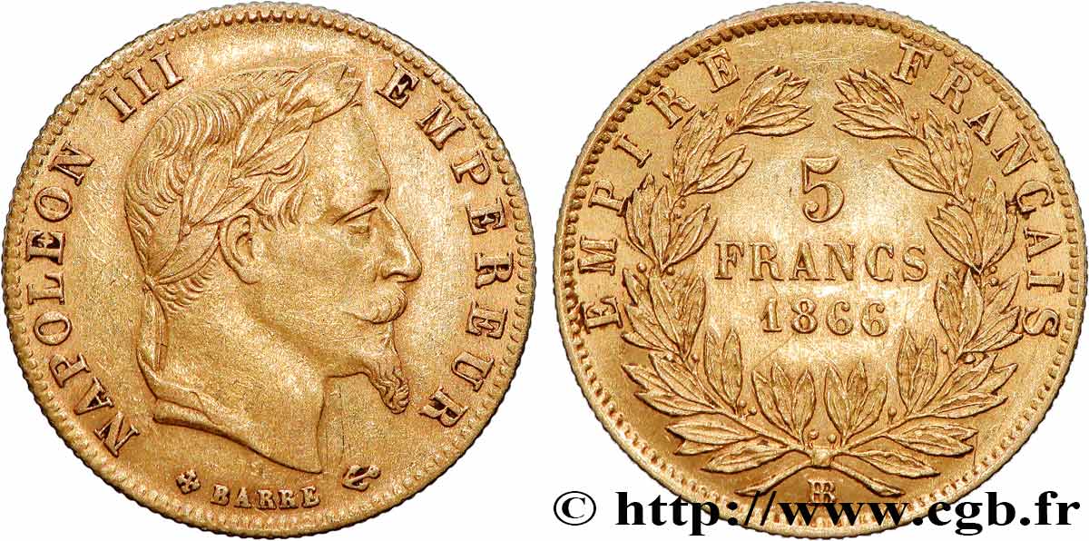 5 francs or Napoléon III, tête laurée 1866 Strasbourg F.502/10 q.SPL 