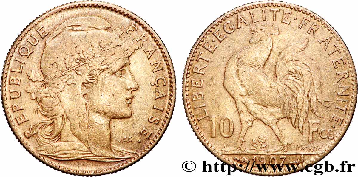 10 francs or Coq 1907 Paris F.509/8 BB 