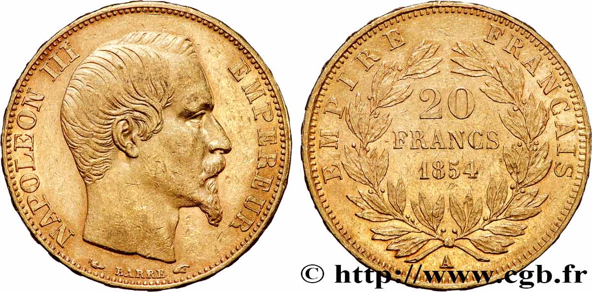 20 francs or Napoléon III, tête nue 1854 Paris F.531/2 TTB+ 