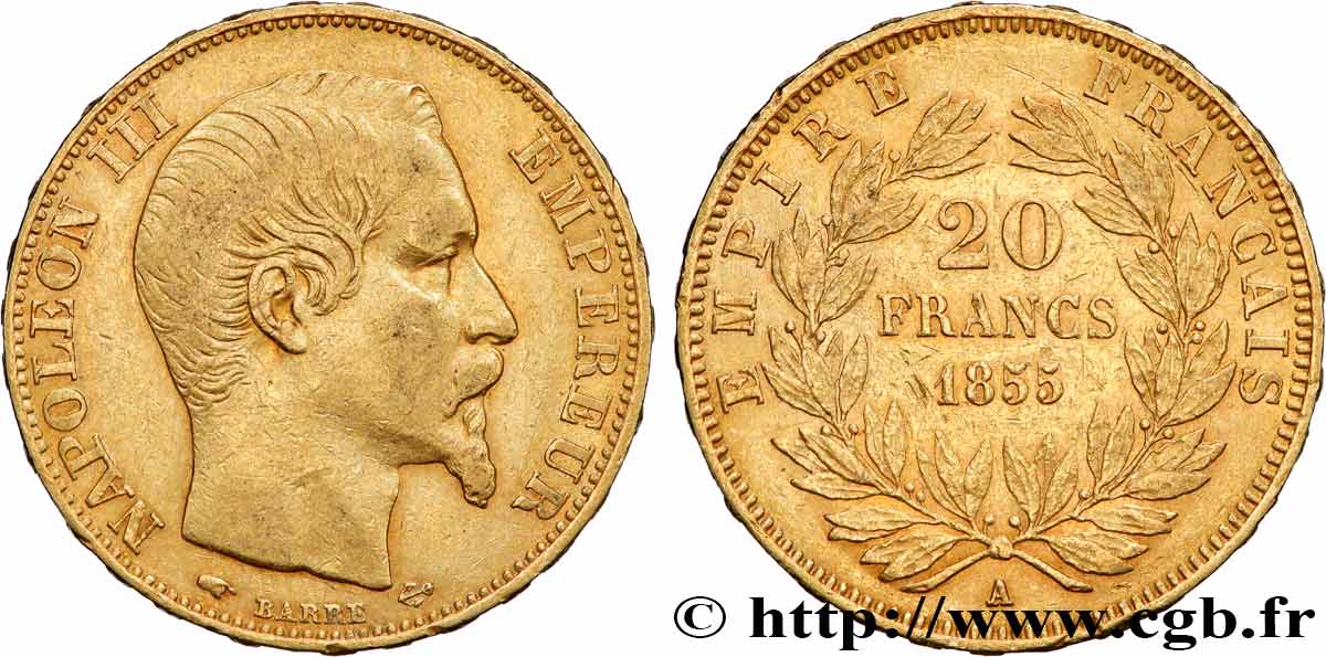 20 francs or Napoléon III, tête nue 1855 Paris F.531/4 XF 