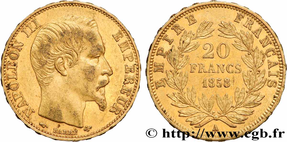 20 francs or Napoléon III, tête nue 1858 Paris F.531/13 TTB+ 