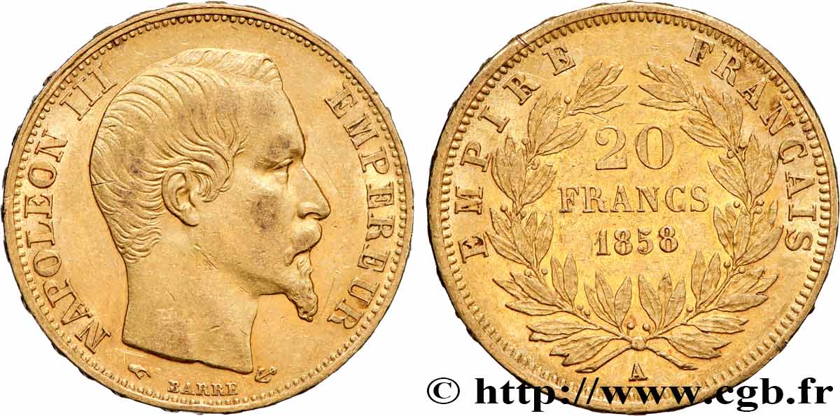 20 francs or Napoléon III, tête nue 1858 Paris F.531/13 AU 