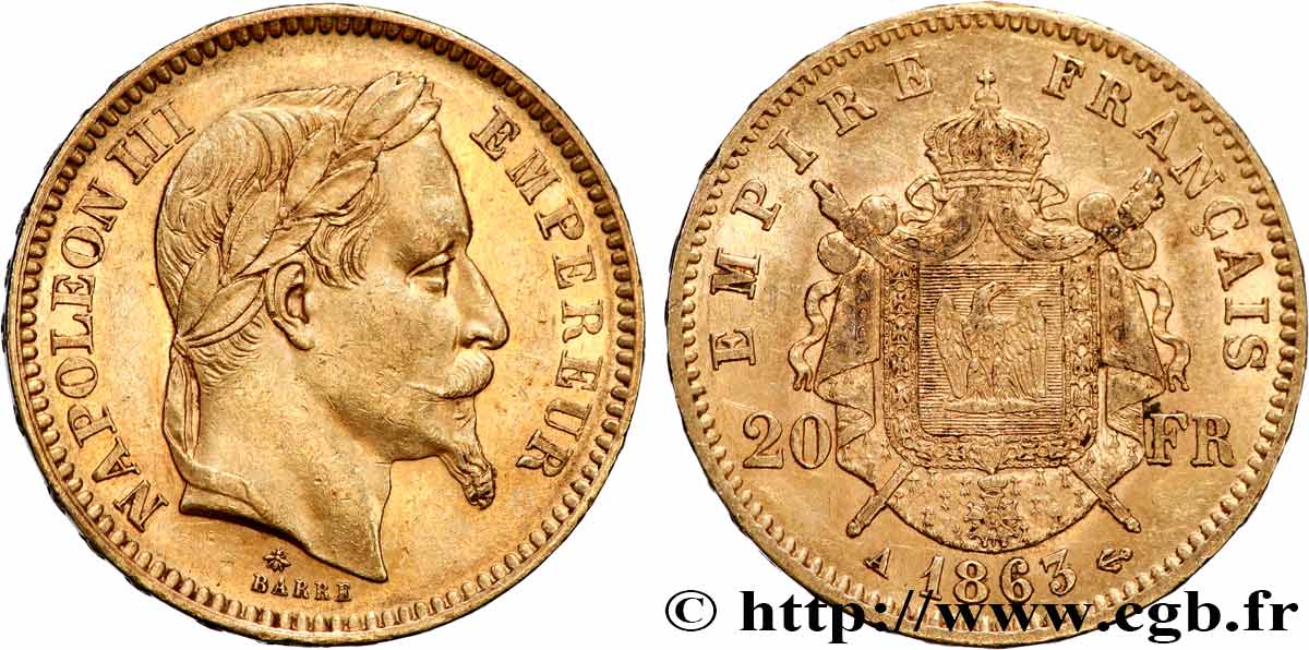 20 francs or Napoléon III, tête laurée 1863 Paris F.532/6 fVZ 