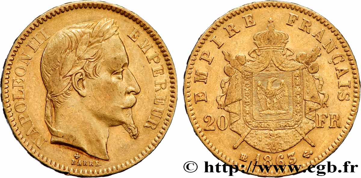 20 francs or Napoléon III, tête laurée 1863 Strasbourg F.532/7 TTB 