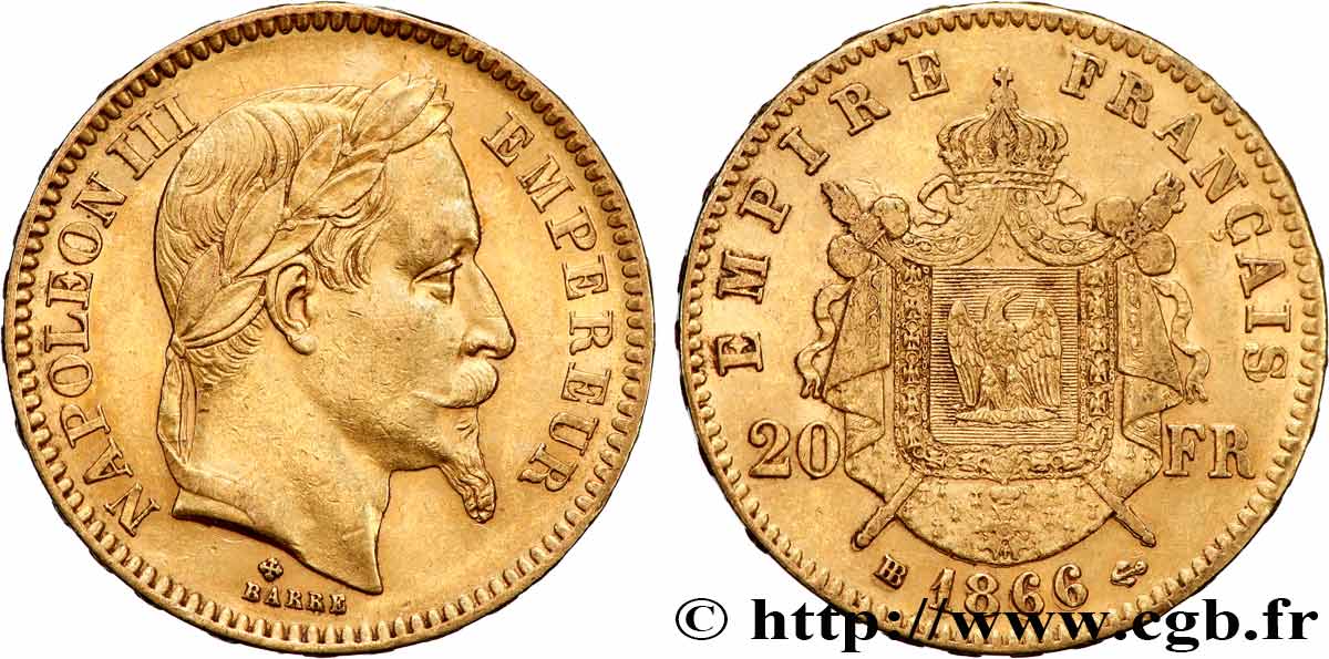 20 francs or Napoléon III, tête laurée 1866 Strasbourg F.532/14 XF 