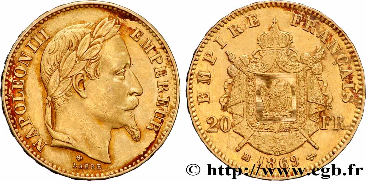 20 francs or Napoléon III, tête laurée 1869 Strasbourg F.532/21 TTB+ 