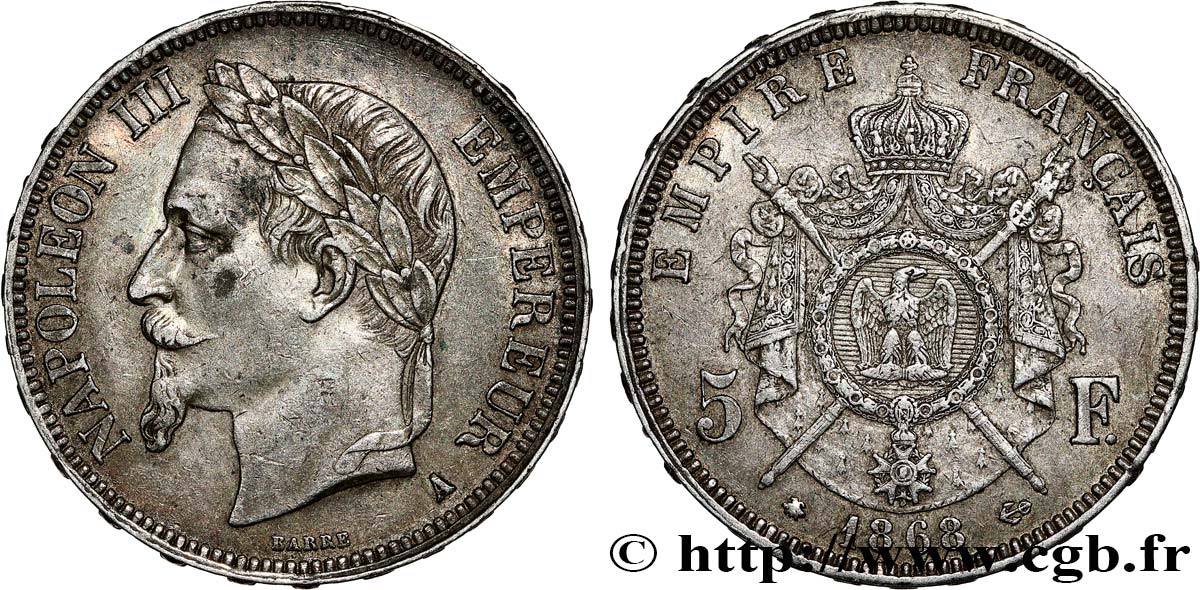 5 francs Napoléon III, tête laurée 1868 Paris F.331/12 XF45 