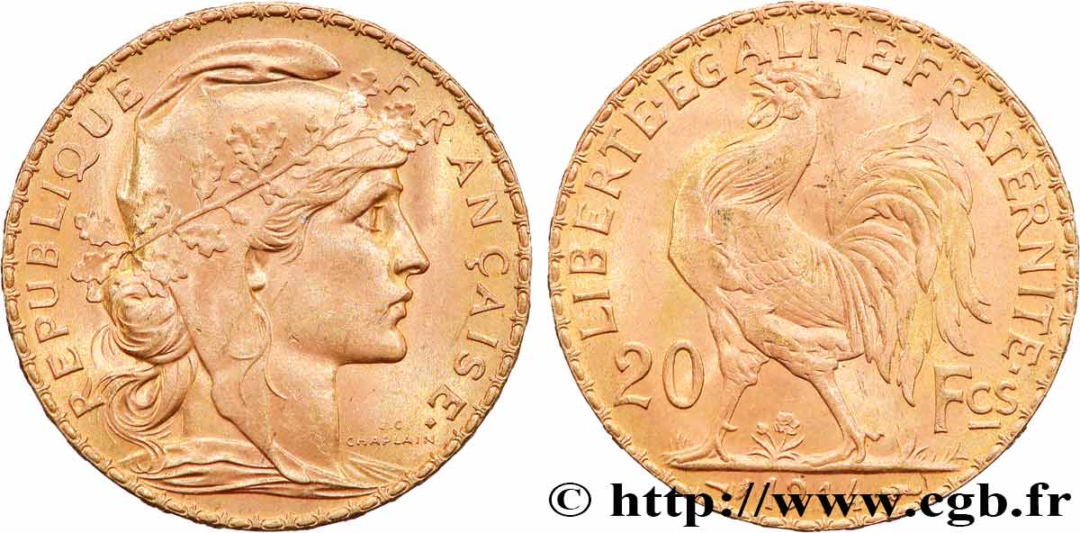 20 francs or Coq, Liberté Égalité Fraternité 1914 Paris F.535/8 EBC+ 