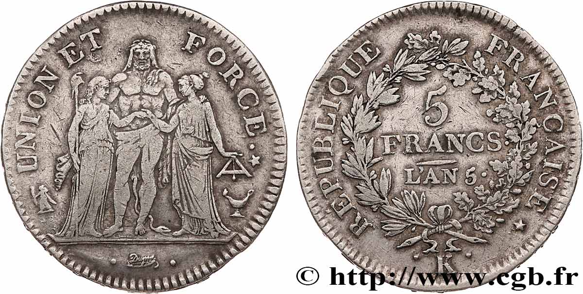 5 francs Union et Force, Union desserré, avec glands intérieurs et gland extérieur 1797 Bordeaux F.291/13 BC+ 