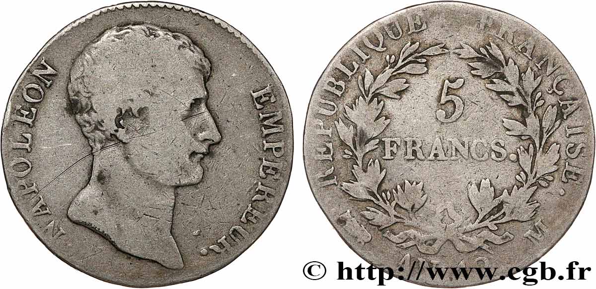 5 francs Napoléon Empereur, type intermédiaire 1804 Toulouse F.302/8 B+ 