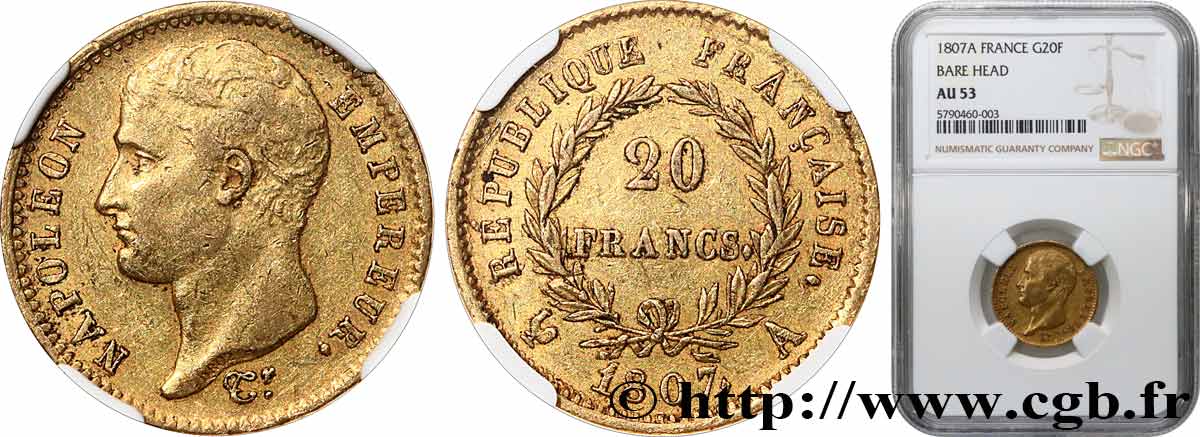20 francs Napoléon tête nue, type transitoire 1807 Paris F.514/1 SS53 NGC