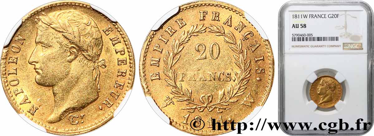20 francs or Napoléon, tête laurée, Empire français 1811 Lille F.516/21 AU58 NGC