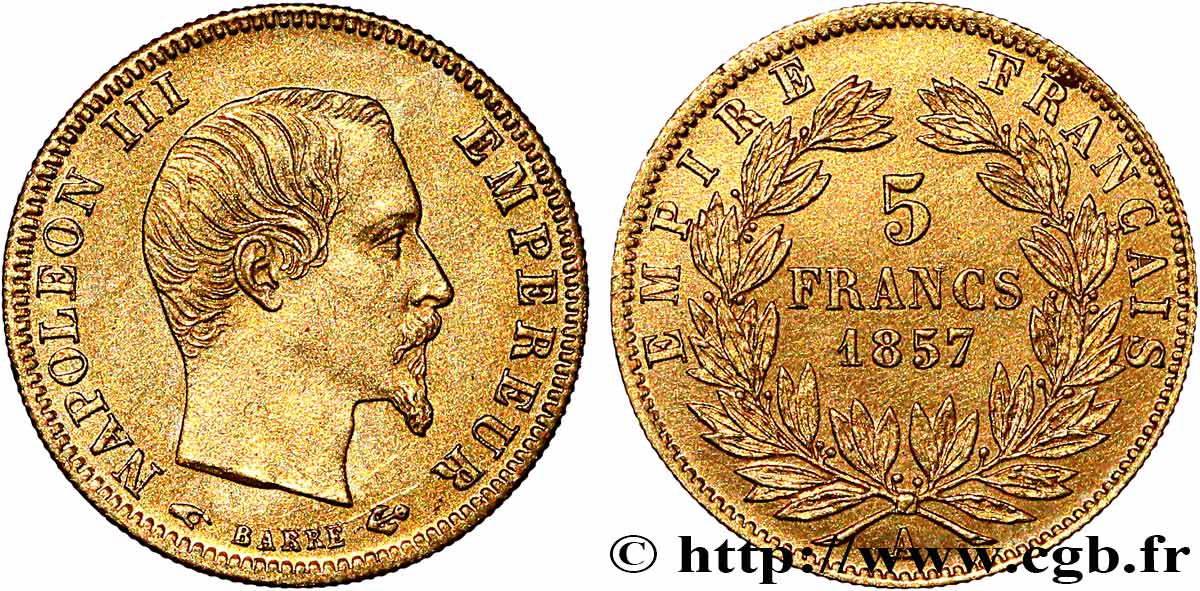 5 francs or Napoléon III, tête nue, grand module 1857 Paris F.501/4 SUP+/SPL 