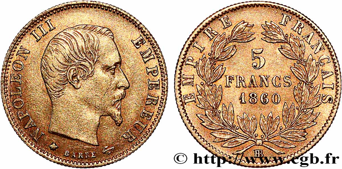 5 francs or Napoléon III tête nue, grand module 1860 Strasbourg F.501/13 MBC+/EBC 