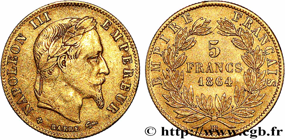 5 francs or Napoléon III, tête laurée 1864 Strasbourg F.502/6 BC+/MBC 